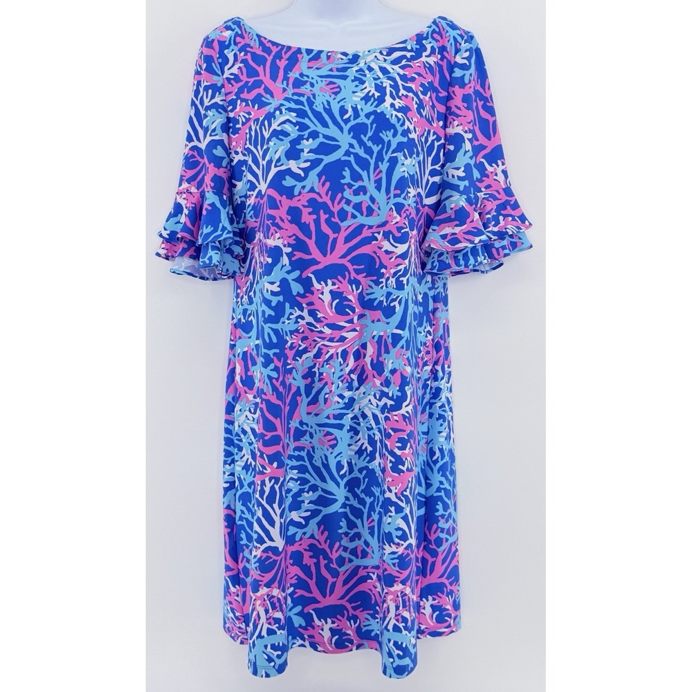 Papagallo Dress Womens M Ruffle Sleeve Blue Coral Print Tropical Summer Beach‎